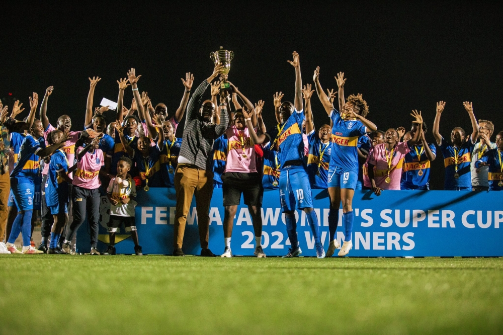 Rayon Sports WFC players and staff celebrate the victory as The Blues beat AS Kigali women 5-2 to win the 2024 Women’ Super Cup on Thursday, September 26. Courtesy