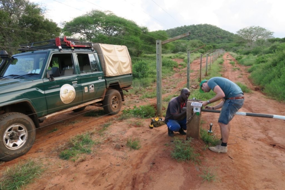 Technicians install spatial monitoring and reporting tools in Akagera National Park. Photo: Courtesy.