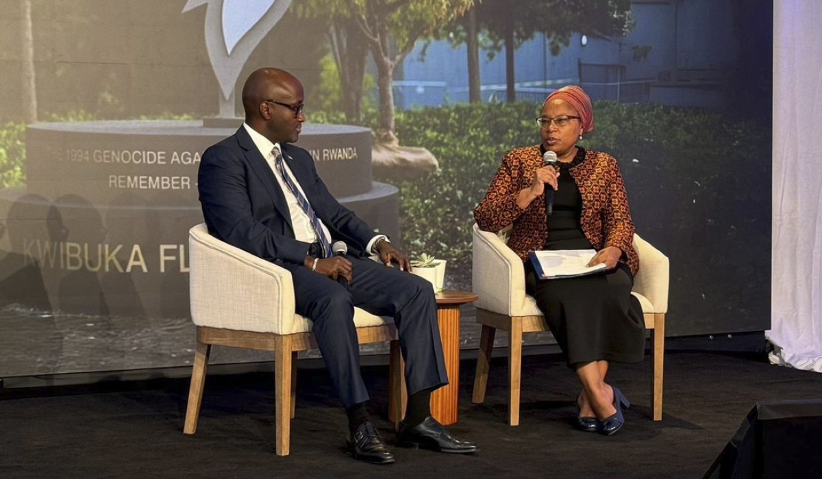 Minister of Foreign Affairs Olivier Nduhungirehe and Alice Wairimu Nderitu, UN Special Adviser on the Prevention of Genocide during a fireside chat at the 79th United Nations General Assembly (UNGA79) on Wednesday, September 25. Courtesy