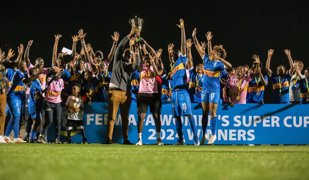 Rayon Sports WFC players and staff celebrate the victory as The Blues beat AS Kigali women 5-2 to win the 2024 Women’ Super Cup on Thursday, September 26. Courtesy