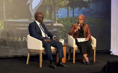 Minister of Foreign Affairs Olivier Nduhungirehe and Alice Wairimu Nderitu, UN Special Adviser on the Prevention of Genocide during a fireside chat at the 79th United Nations General Assembly (UNGA79) on Wednesday, September 25. Courtesy