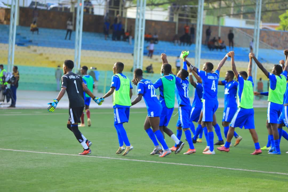 Gorilla FC players celebrate the win during the match between Rutsiro FC at Pele Stadium  on May 7.