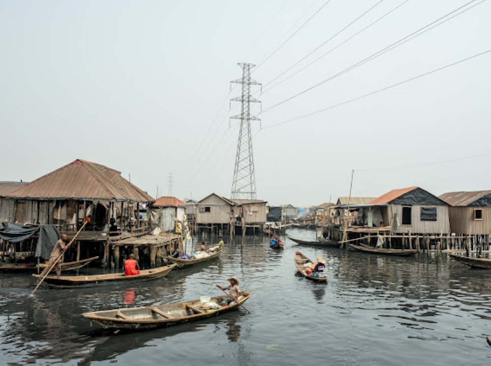 A wide view of houses on stilts in Makoko, Lagos on the 25th January, 2024. Makoko is the largest informal settlement in Africa. With houses built on stilts, it is located on the Lagos lagoon.