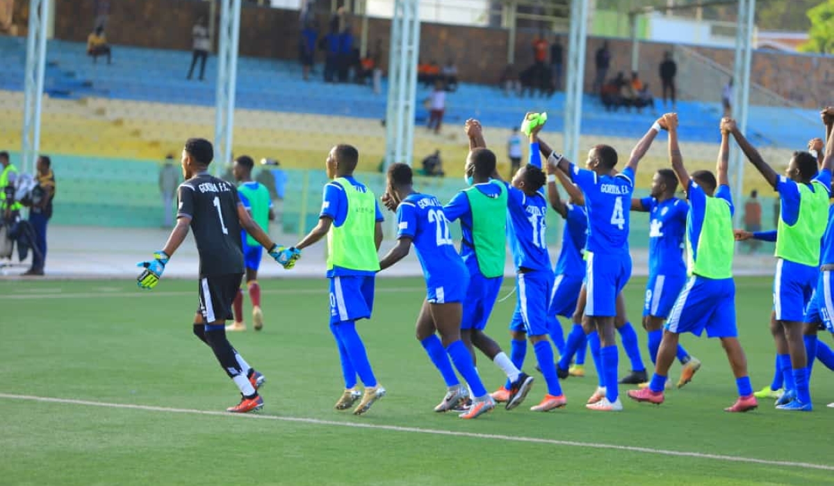 Gorilla FC players celebrate the win during the match between Rutsiro FC at Pele Stadium  on May 7.