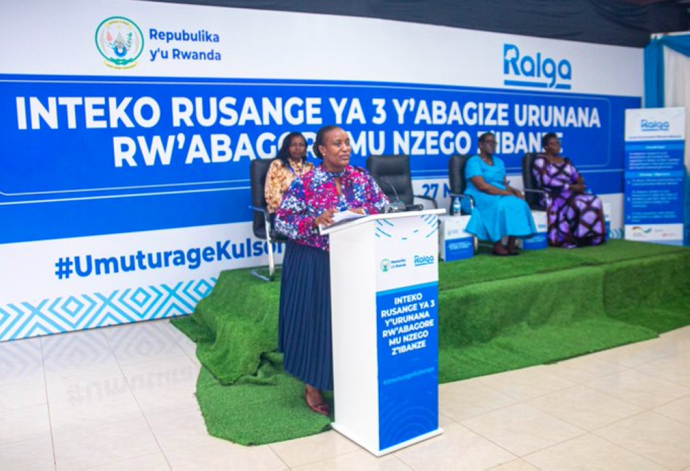 Consolee Uwimana, the Minister of Gender and Family Promotion addresses over 300 women leaders in Muhanga District on Friday, September 28.