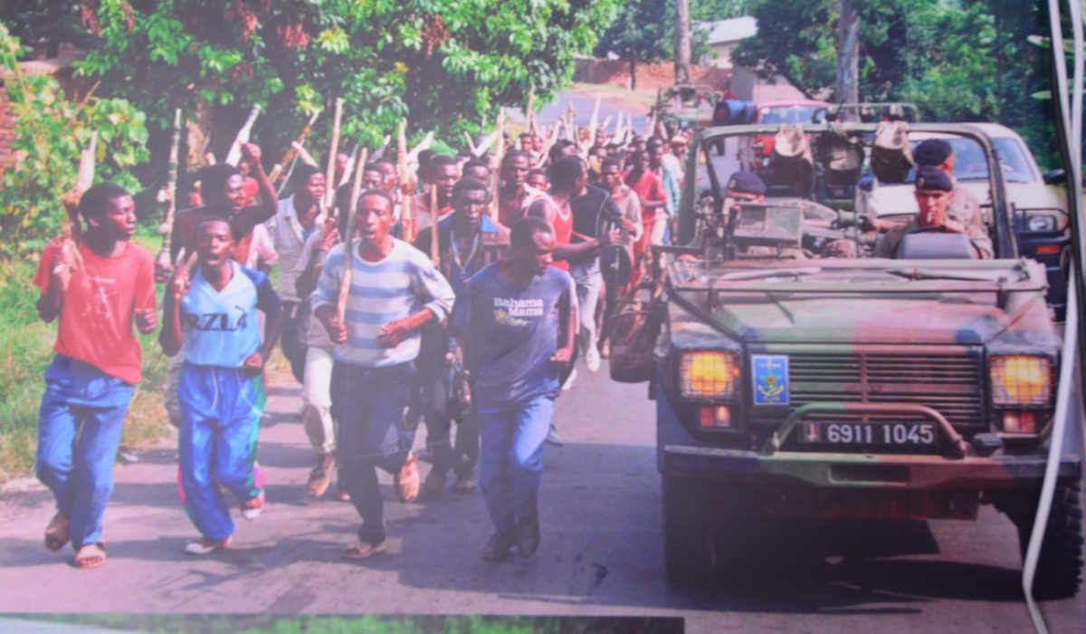 Interahamwe during a training session under the supervision of French Army in Rwanda ahead of the 1994 Genocide against the Tutsi. File