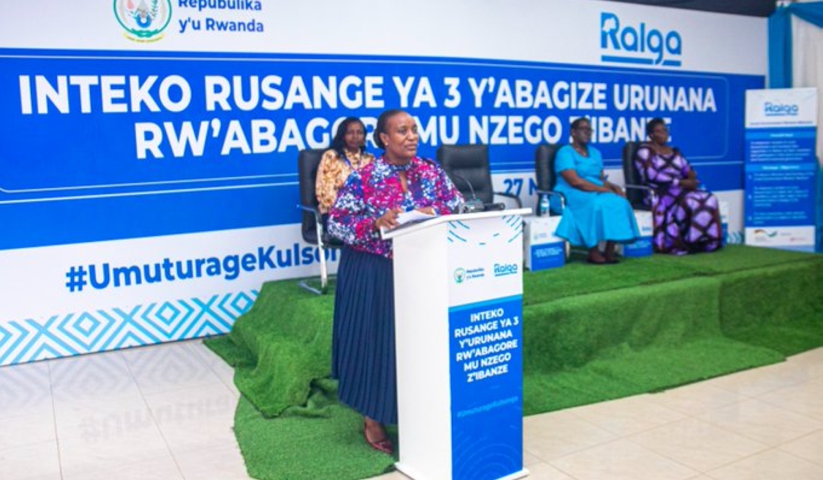 Consolee Uwimana, the Minister of Gender and Family Promotion addresses over 300 women leaders in Muhanga District on Friday, September 28.