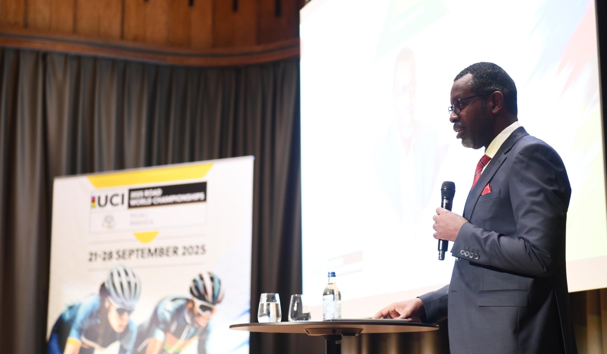 Sports Minister Richard Nyirishema speaks at the event as UCI officially unveiled the race routes for the 2025 UCI Road World Championship in Rwanda from September 21-28, 2025.