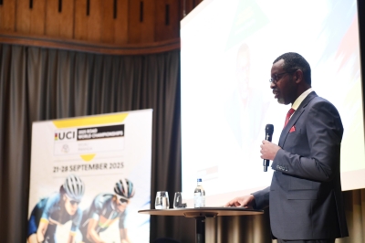 Sports Minister Richard Nyirishema speaks at the event as UCI officially unveiled the race routes for the 2025 UCI Road World Championship in Rwanda from September 21-28, 2025.