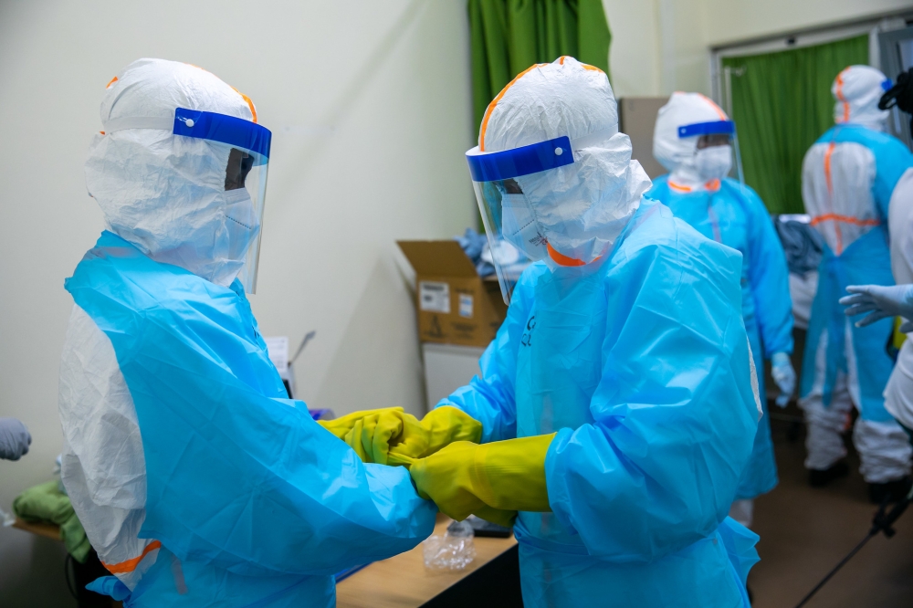 Medics during a medical drill on epidemic preparedness at King Faisal Hospital, October 17, 2022. WHO is readying medical support to Rwanda to help to halt the outbreak of Marburg virus disease. File