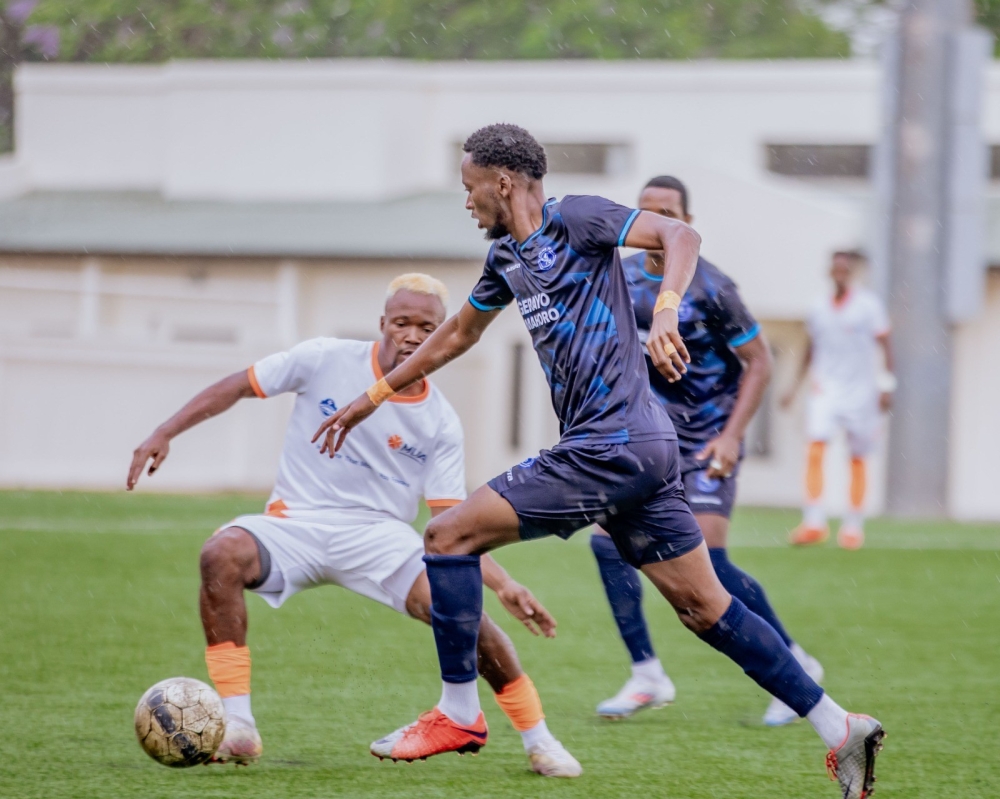 Police FC left back Christian Ishimwe tries to get past Vision FC opponent during the pair&#039;s goalless draw in the match which  had been rescheduled to Monday due to downpour-courtesy