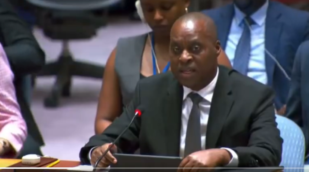 Rwanda’s Permanent Representative to the United Nations Erneste Rwamucyo addresses the UN security council on Monday, September 30. Courtesy