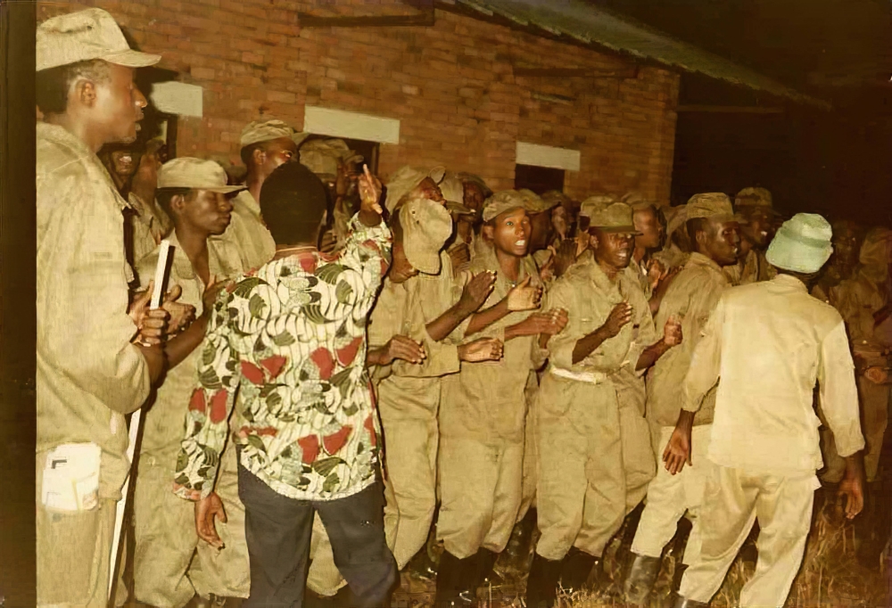 Former RPA fighters during a morale bosting session during the Liberation War in 1990s. File