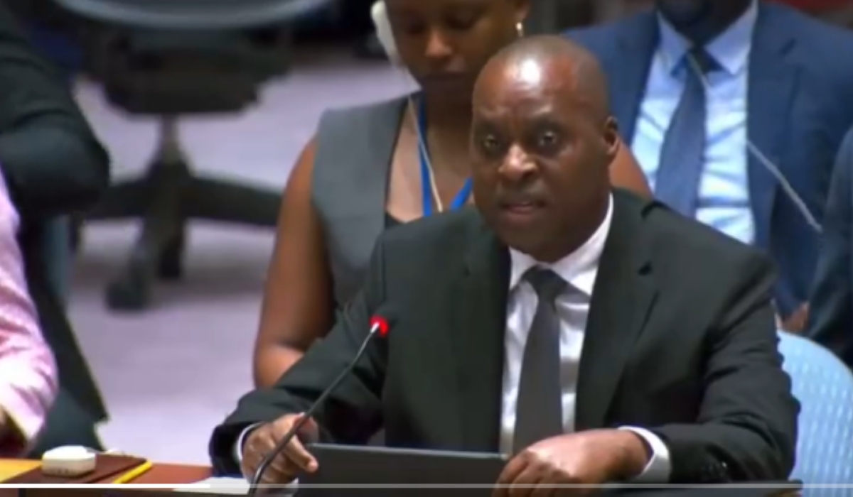 Rwanda’s Permanent Representative to the United Nations Erneste Rwamucyo addresses the UN security council on Monday, September 30. Courtesy