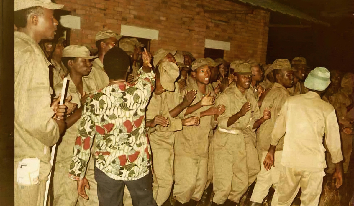 Former RPA fighters during a morale bosting session during the Liberation War in 1990s. File