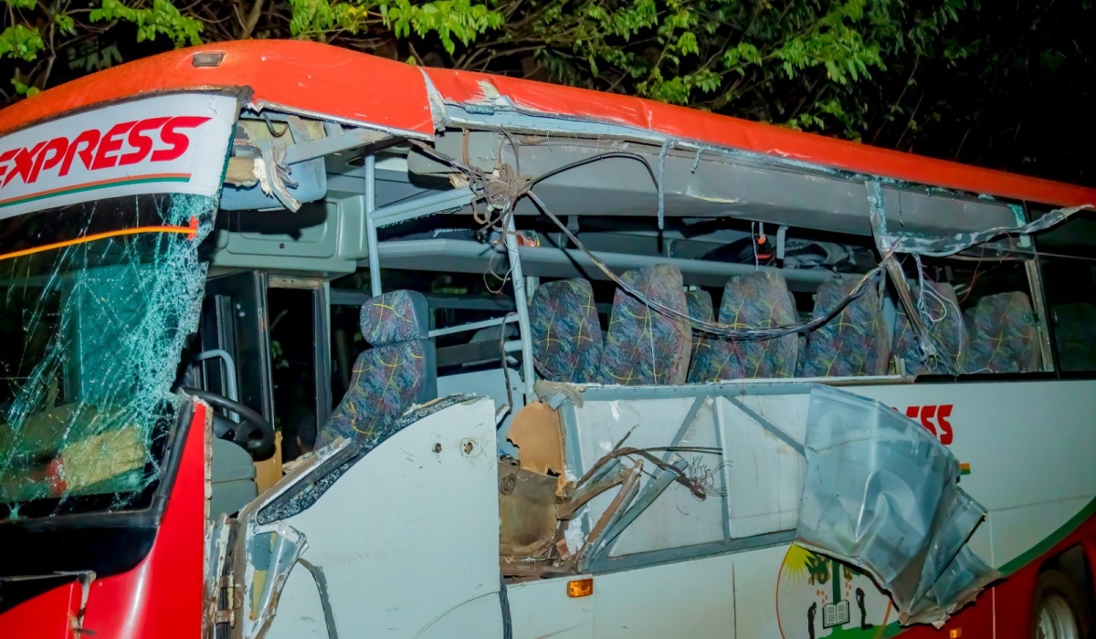 A damaged bus involved in an accident in August. Careless driving and wrong manoeuvring were identified as leading contributors to traffic accidents in Rwanda. File