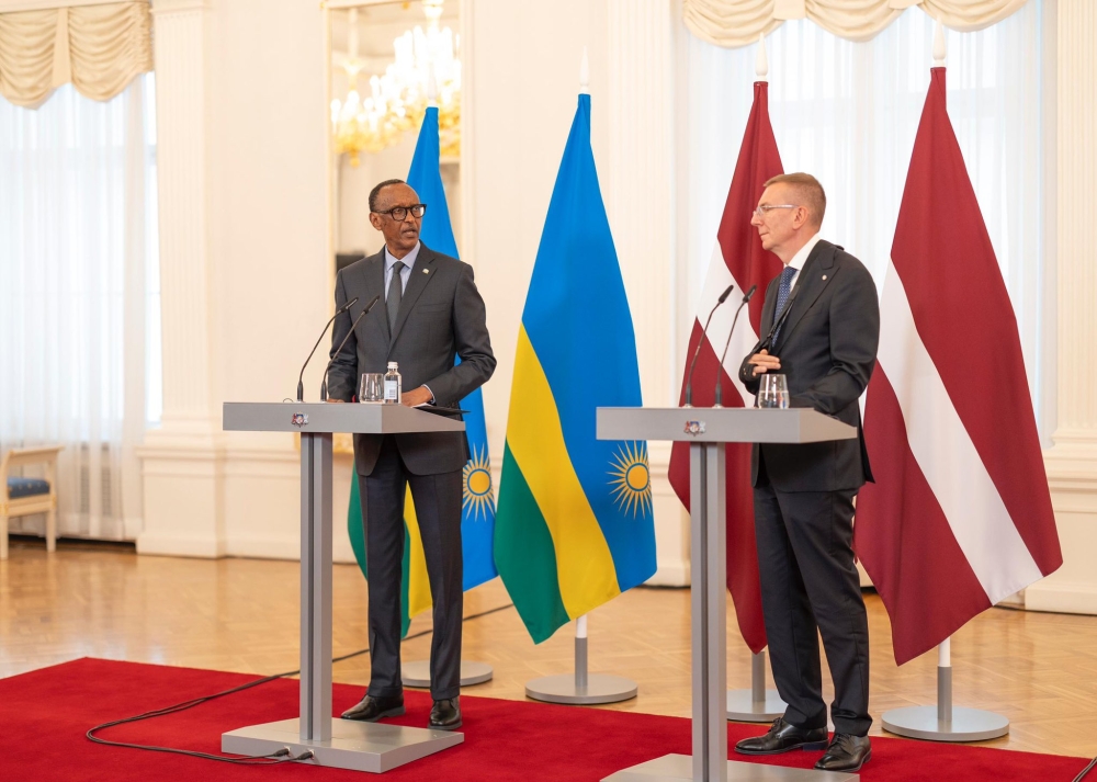 President Paul Kagame and his host President Edgars Rinkēvičs address journalists during a joint press conference on Wednesday, October 2. Photo by Village Urugwiro