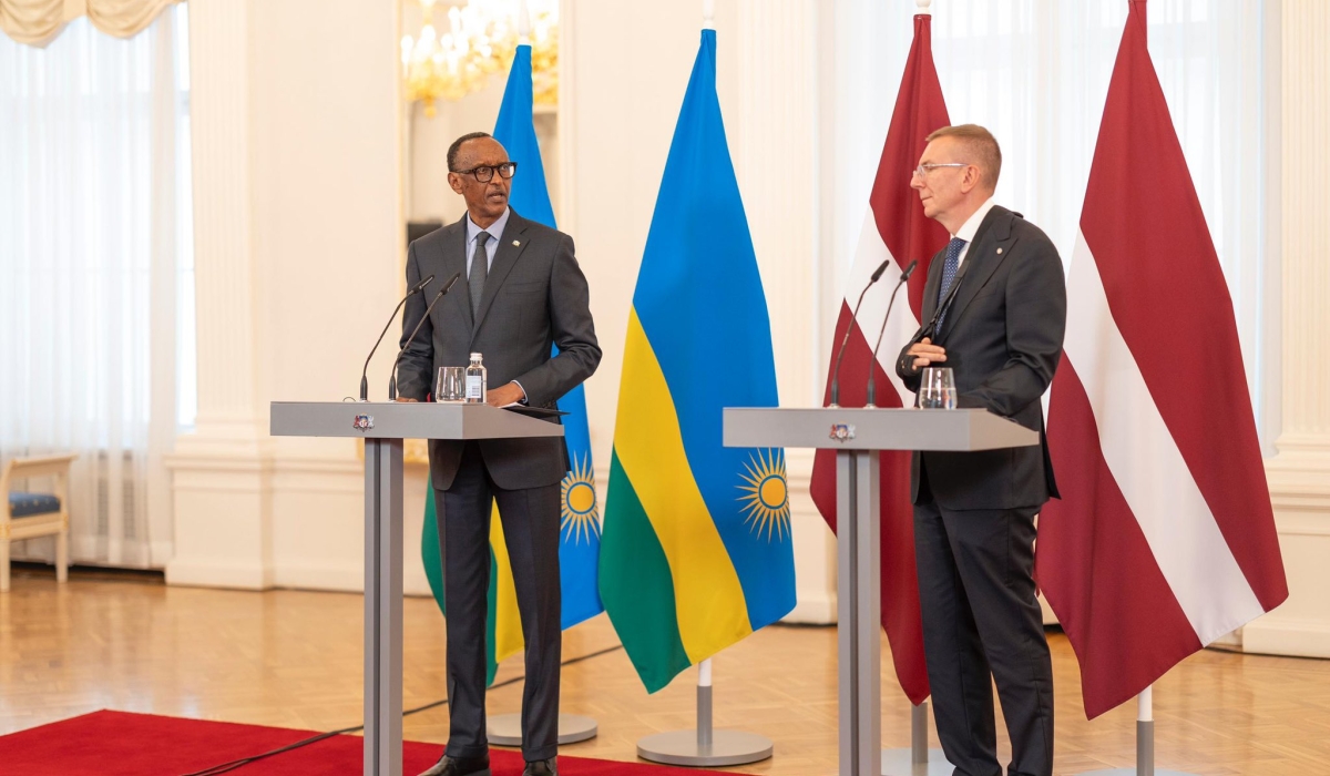 President Paul Kagame and his host President Edgars Rinkēvičs address journalists during a joint press conference on Wednesday, October 2. Photo by Village Urugwiro