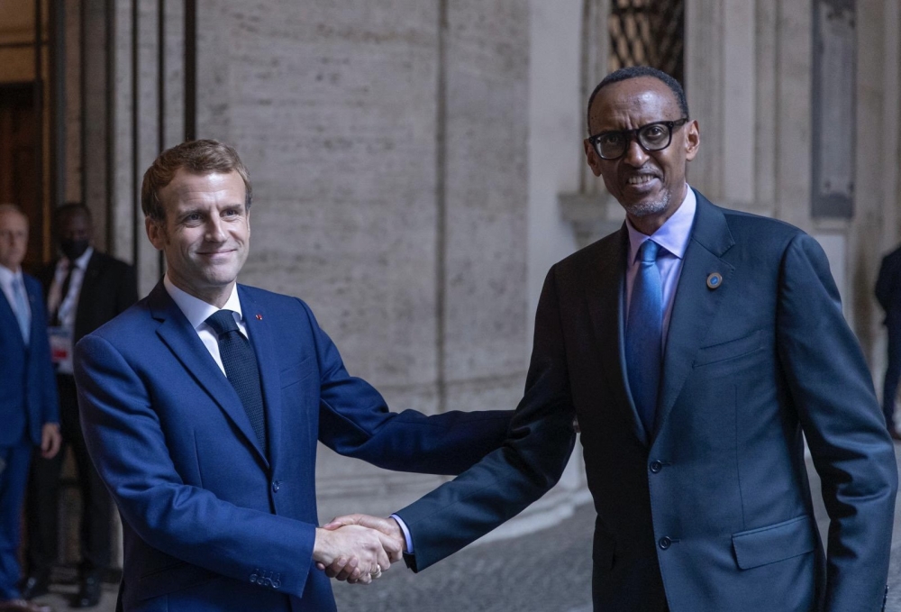 President Kagame meets his counterpart of France Emmanuel Macron at  a meeting of EU-AU Heads of State in October 2021. Kagame and First Lady Jeannette Kagame arrived in Paris, France on Thursday, October 3.