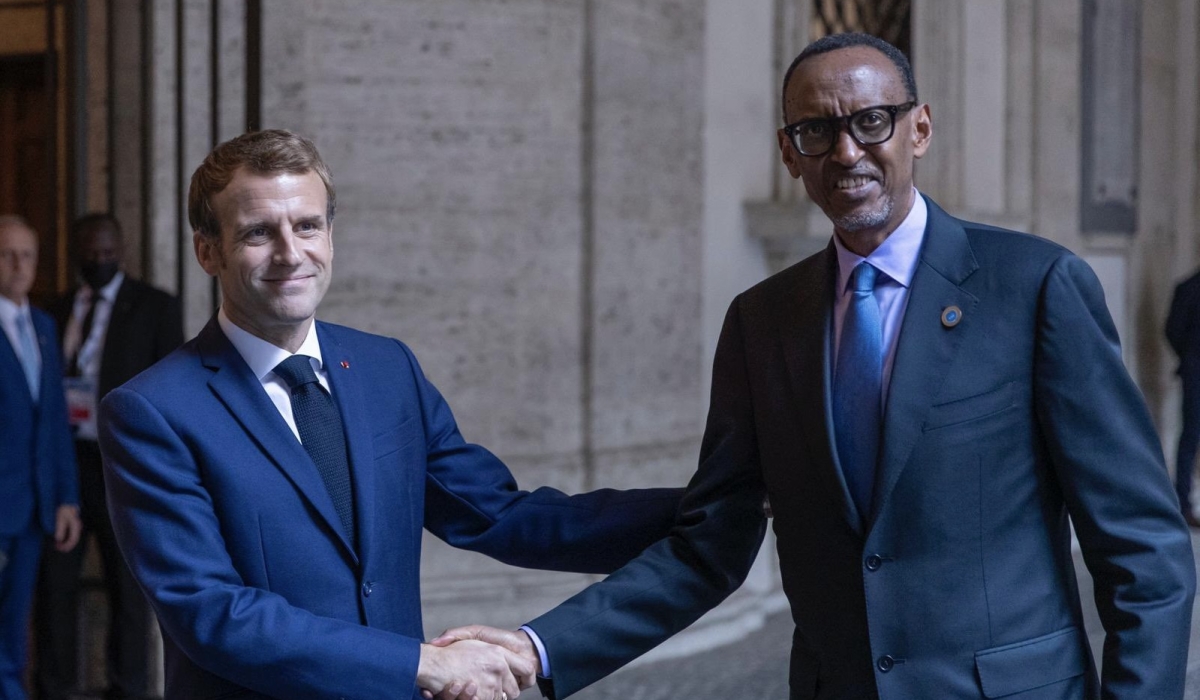 President Kagame meets his counterpart of France Emmanuel Macron at  a meeting of EU-AU Heads of State in October 2021. Kagame and First Lady Jeannette Kagame arrived in Paris, France on Thursday, October 3.