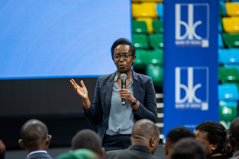 Bank of Kigali CEO Diane Karusisi addresses delegates during BK&#039;s annual forum at BK Arena on Thursday, October 3.  Photos by Dan Gatsinzi