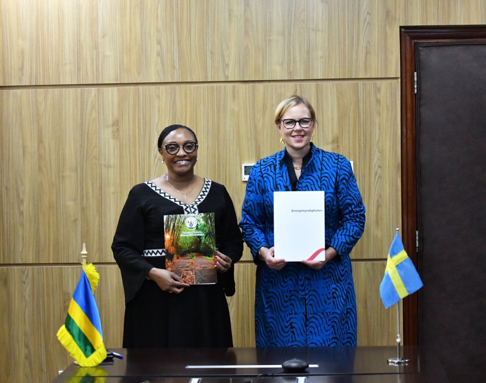 Minister of Environment, Valentine Uwamariya and Martina Fors Mohlin, Chargé d’affaires at the Embassy of Sweden in Kigali during the signing ceremony on Thursday, October 3. Courtesy