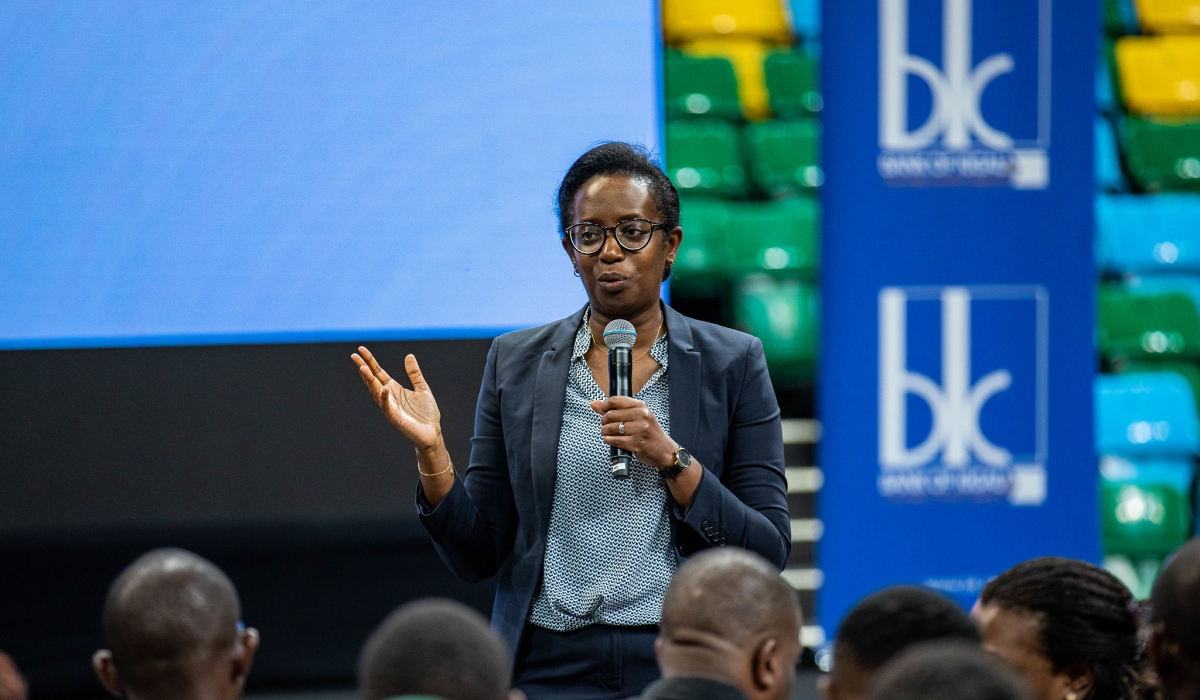 Bank of Kigali CEO Diane Karusisi addresses delegates during BK&#039;s annual forum at BK Arena on Thursday, October 3.  Photos by Dan Gatsinzi