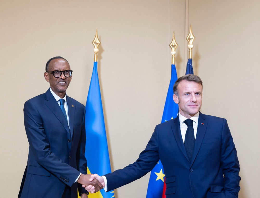 President Paul Kagame meets with his French counterpart President Emmanuel Macron  on the sidelines of the Francophonie Summit, on Saturday, October 5. Photo by Village Urugwiro