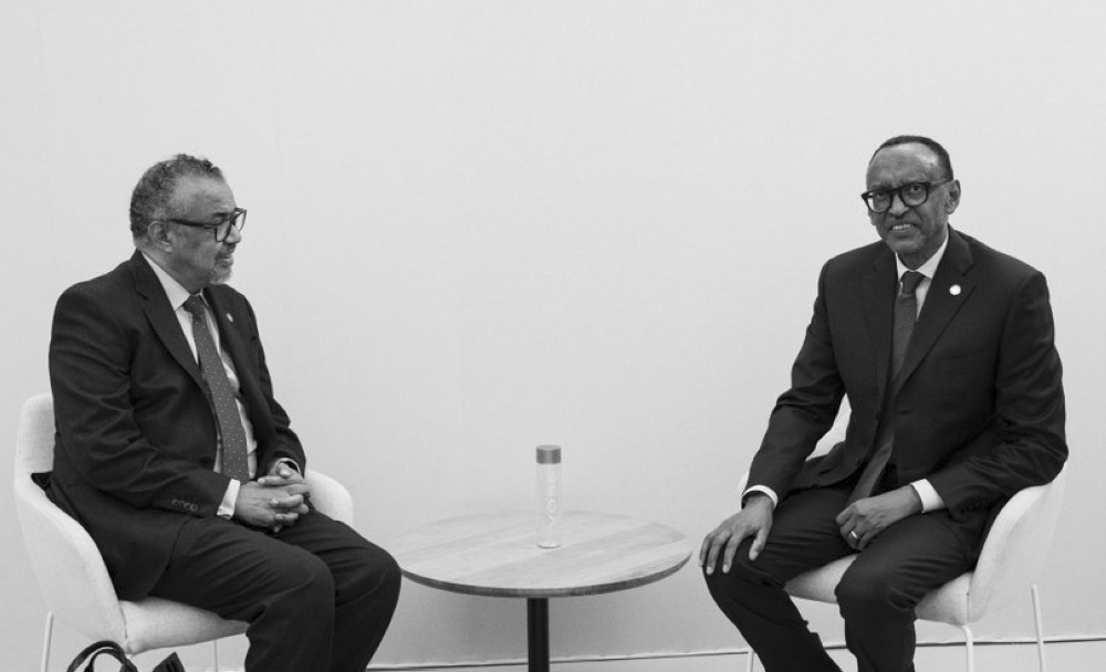 President Paul Kagame meets Dr Tedros Adhanom Ghebreyesus, the Director-General of the World Health Organization in Paris, on Saturday, October 5. Photo by Village Urugwiro