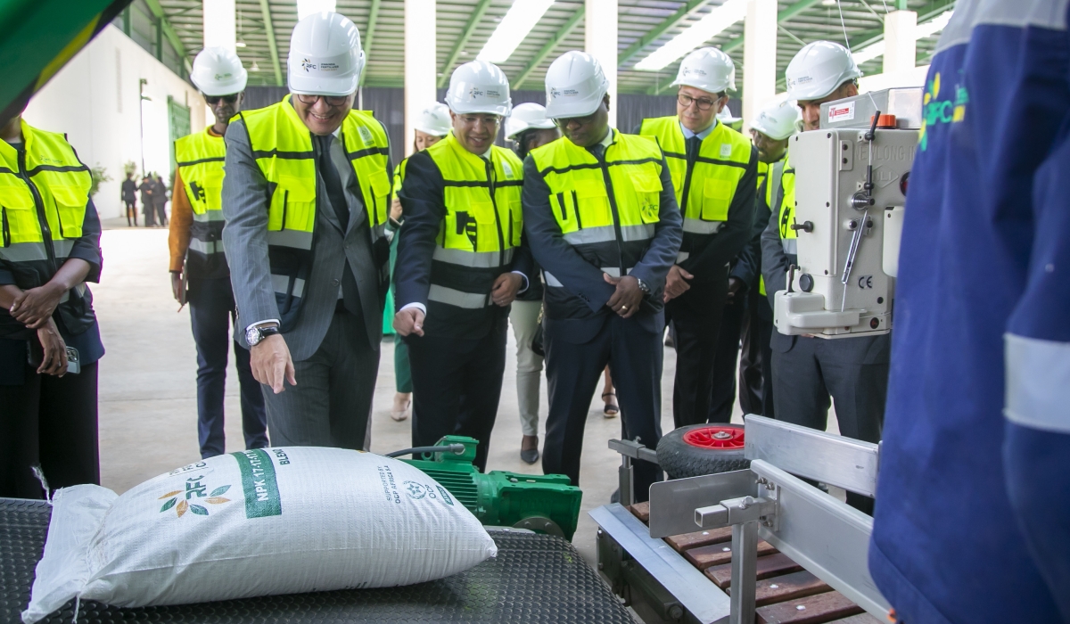 Officials during a guided tour of a fertilizer blending factory during its official launch in Bugesera District on December, 20, 2023. Foreign direct investment (FDI) inflows into Rwanda rose by 63.5 per cent. file