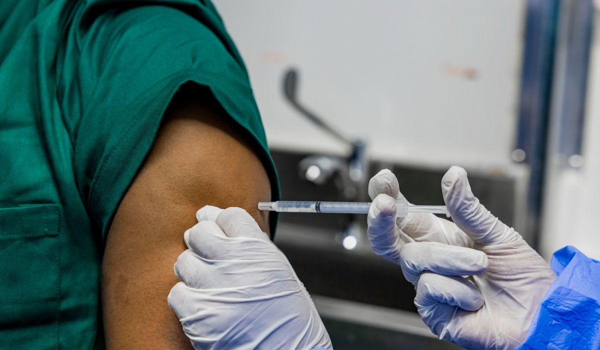 A health worker during the Marburg vaccination activity in Kigali on Sunday. Rwanda, on October 6, kicked off a trial vaccination drive focused on people at highest risk of contracting Marburg virus. Courtesy