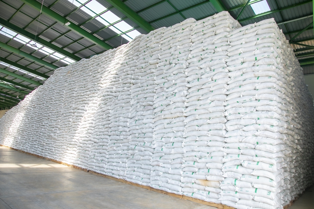 Inside the store of a fertilizer blending factory in Bugesera District. Rwanda’s industrial output increased by 4.8 percent In August 2024. Courtesy