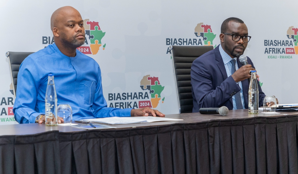 Trade and Industry Minister, Prudence Sebahizi and Wamkele Mene, Secretary General of AfCFTA brief journalists ahead of the second edition of Biashara Afrika –AfCFTA’s flagship business forum on October 8. Courtesy