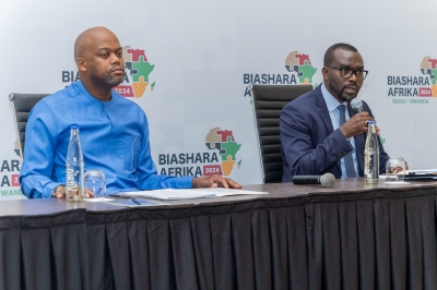 Trade and Industry Minister, Prudence Sebahizi and Wamkele Mene, Secretary General of AfCFTA brief journalists ahead of the second edition of Biashara Afrika –AfCFTA’s flagship business forum on October 8. Courtesy