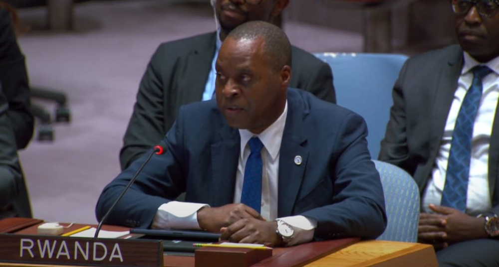 Rwanda’s Permanent Representative to the United Nations Ernest Rwamucyo addresses the Security Council. Courtesy