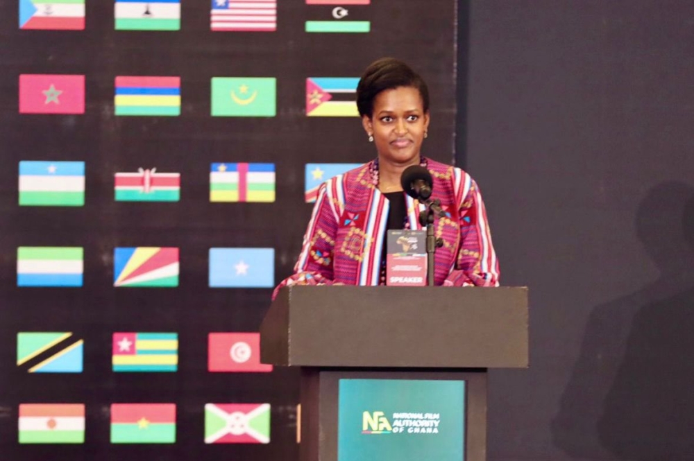 The Minister of State for Youth and Arts, Sandrine Umutoni speaks  at the the second edition of Africa Cinema Summit taking place in Accra, Ghana on Tuesday, October 8.