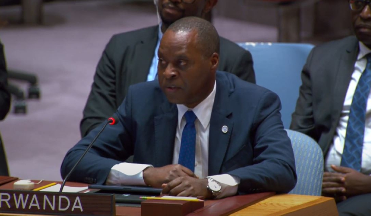 Rwanda’s Permanent Representative to the United Nations Ernest Rwamucyo addresses the Security Council. Courtesy