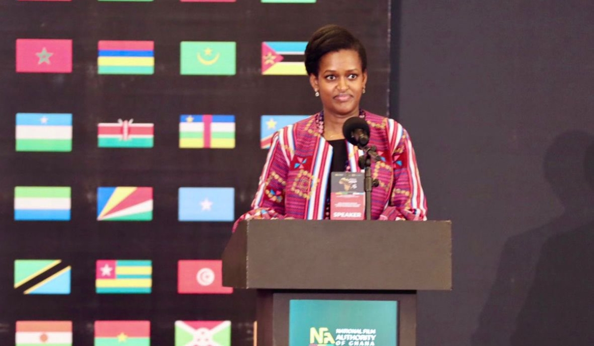 The Minister of State for Youth and Arts, Sandrine Umutoni speaks  at the the second edition of Africa Cinema Summit taking place in Accra, Ghana on Tuesday, October 8.