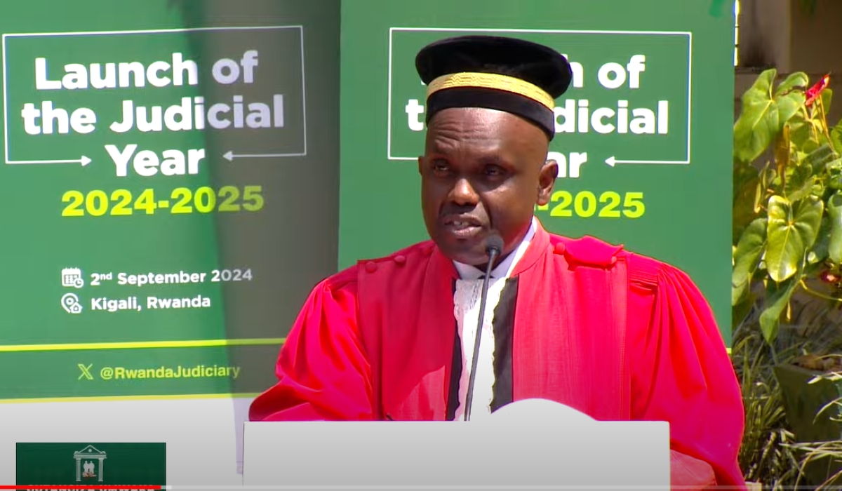 Harrison Mutabazi, the spokesperson for the judiciary and the current president of the Rwanda Judicial Officers Association speaks during the official conclusion of the 2023-2024 judicial year, in September.