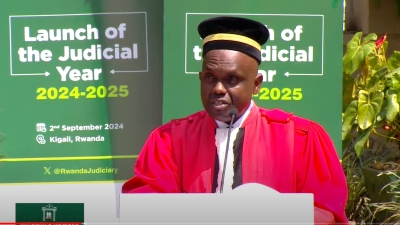 Harrison Mutabazi, the spokesperson for the judiciary and the current president of the Rwanda Judicial Officers Association speaks during the official conclusion of the 2023-2024 judicial year, in September.