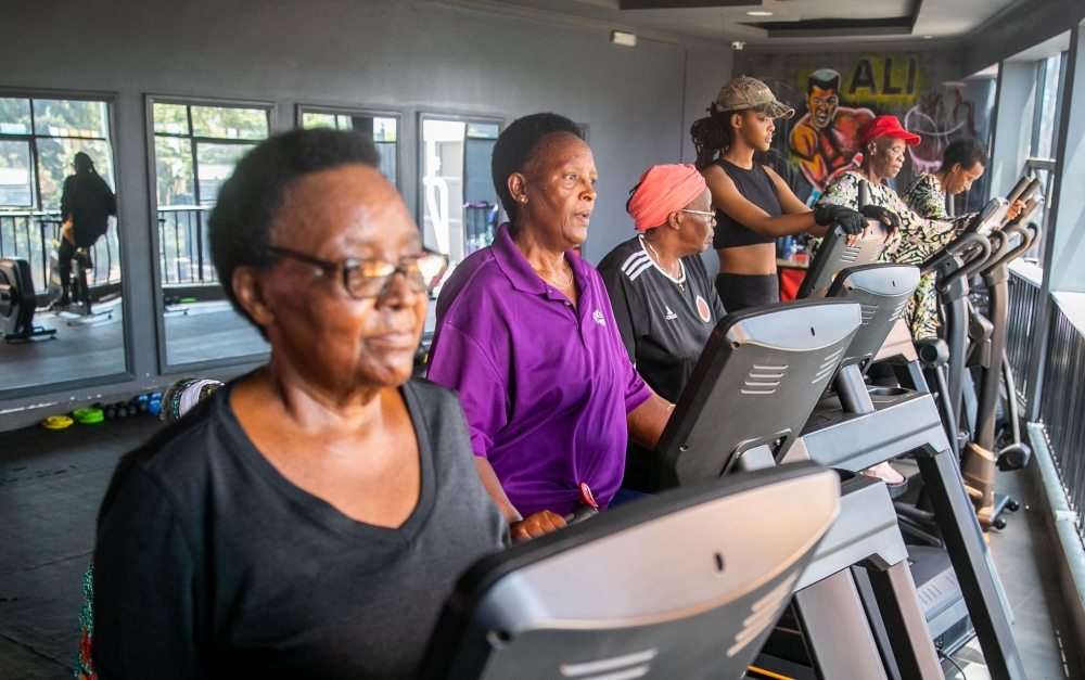 Old women during fitness exercise at Grandma’s Club, a fitness club for senior women in Gikondo, Kigali. Photo by Olivier Mugwiza