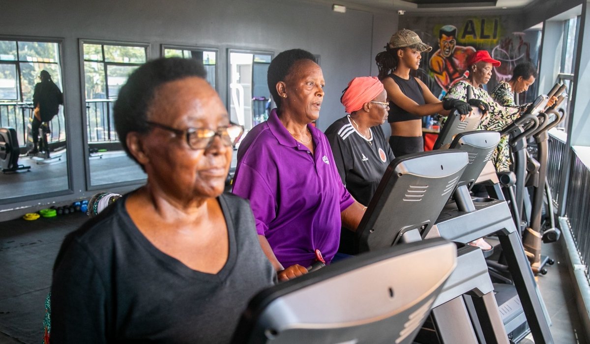 Old women during fitness exercise at Grandma’s Club, a fitness club for senior women in Gikondo, Kigali. Photo by Olivier Mugwiza