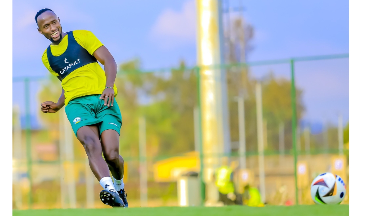 National team defender Thierry Manzi during a training session.  Defender Manzi could miss Rwanda’s crunch AFCON 2025 match day four and return leg qualifier against Benin.