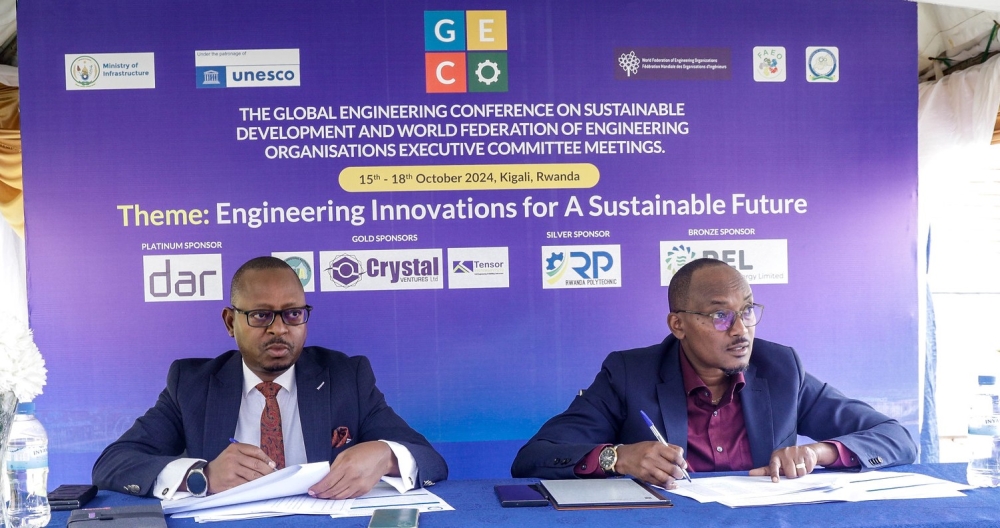 Gentil Kangaho, president of the Institution of Engineers Rwanda (IER), and  Steven Sabiti, CEO of the Institution of Engineers Rwanda at a press briefing on Tuesday, October 8. Craish Bahizi