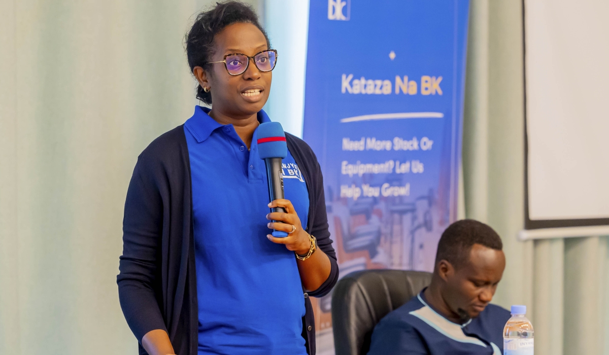 Bank of Kigali CEO Diane Karusisi  addresses customers during her visit in Ngoma