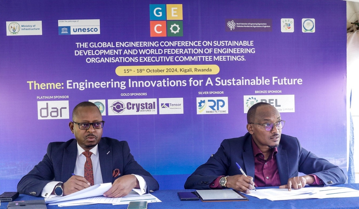 Gentil Kangaho, president of the Institution of Engineers Rwanda (IER), and  Steven Sabiti, CEO of the Institution of Engineers Rwanda at a press briefing on Tuesday, October 8. Craish Bahizi