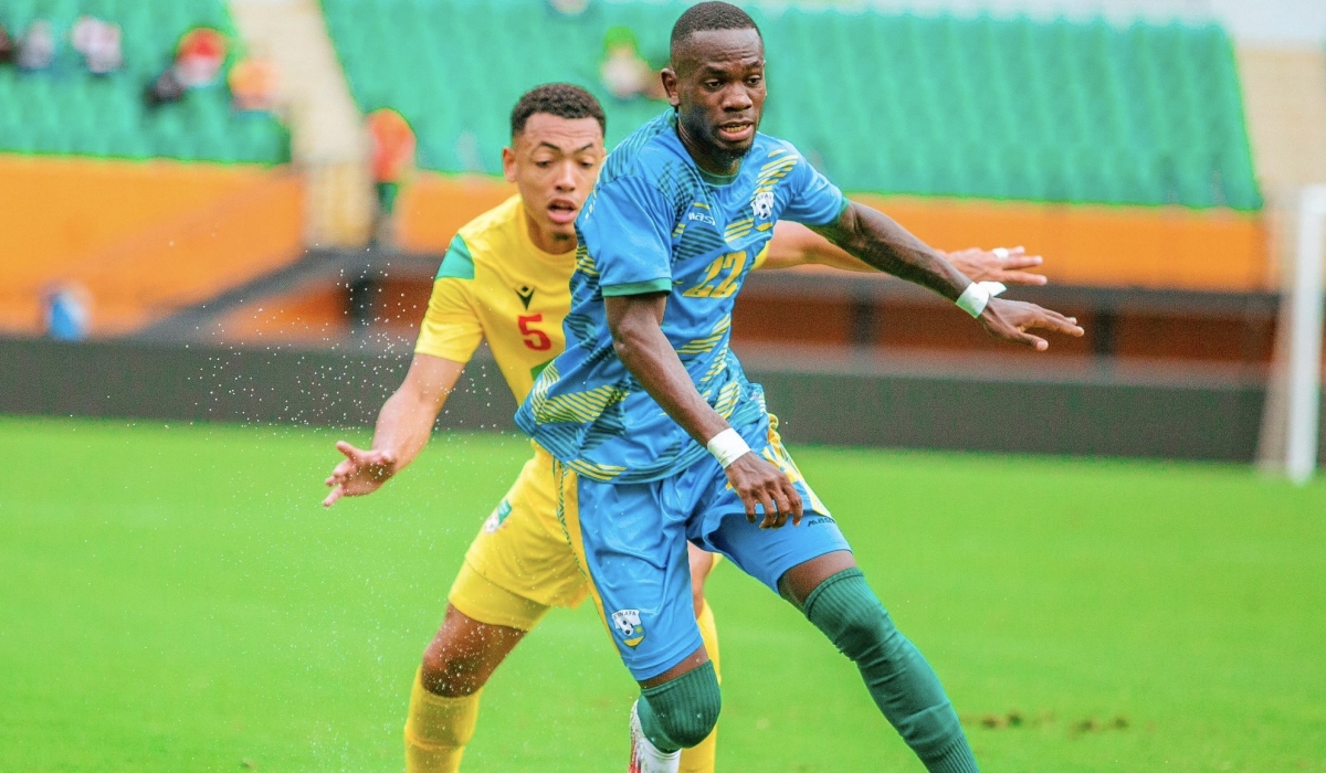 Rwanda&#039;s Jojea Kwizera wins the ball against Benin&#039;s player during the first leg match. Both teams will face at Amahor Stadium on Tuesday, October 14. Courtesy