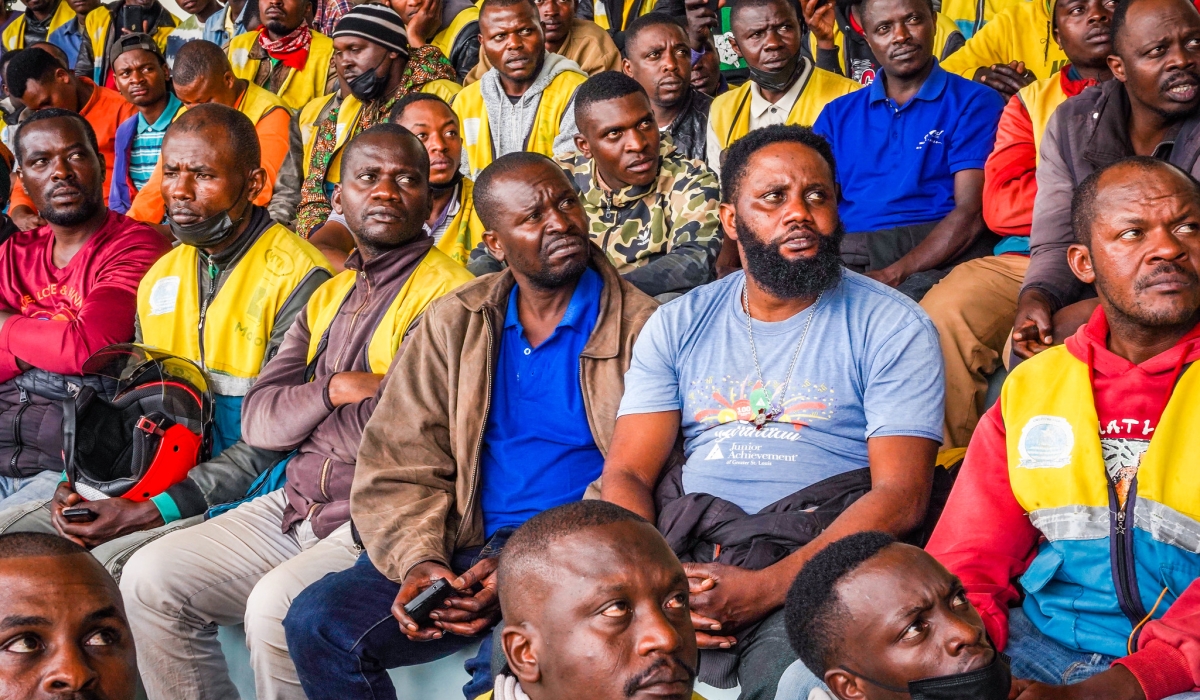 Taxi-motor riders during a meeting with City of Kigali and Rwanda National Police officials in which they raised their concerns about motorcycle  insurance, at Kigali Pele Stadium on September 4, 2024. Photo by Craish Bahizi