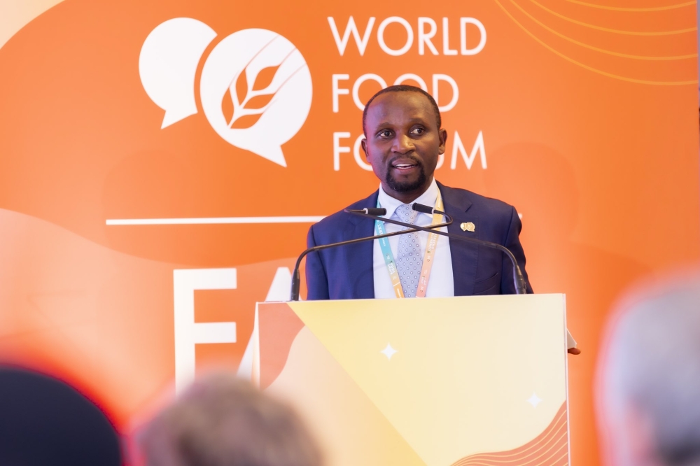 The Minister of Agriculture and Animal Resources, Ildephonse Musafiri speaks at the World Food Forum 2024  in Italy  on October 15. Courtesy