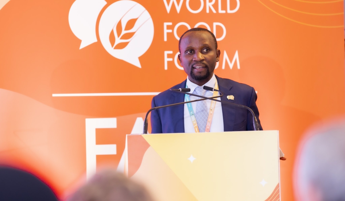 The Minister of Agriculture and Animal Resources, Ildephonse Musafiri speaks at the World Food Forum 2024  in Italy  on October 15. Courtesy